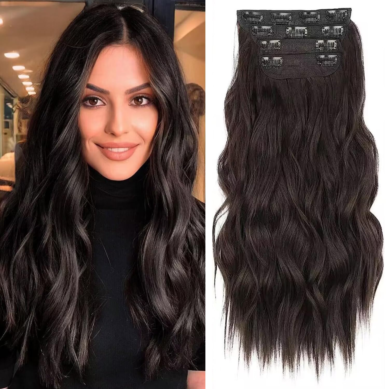 PORSMEER Extensiones de Clip de Pelo Natural,4 PCS Cabello Extensiones con Clips Extensiones de Cabello Postizo Sintético Ondulado Rizado Extensión de Cabello para Mujer 50 cm,Marrón Oscuro