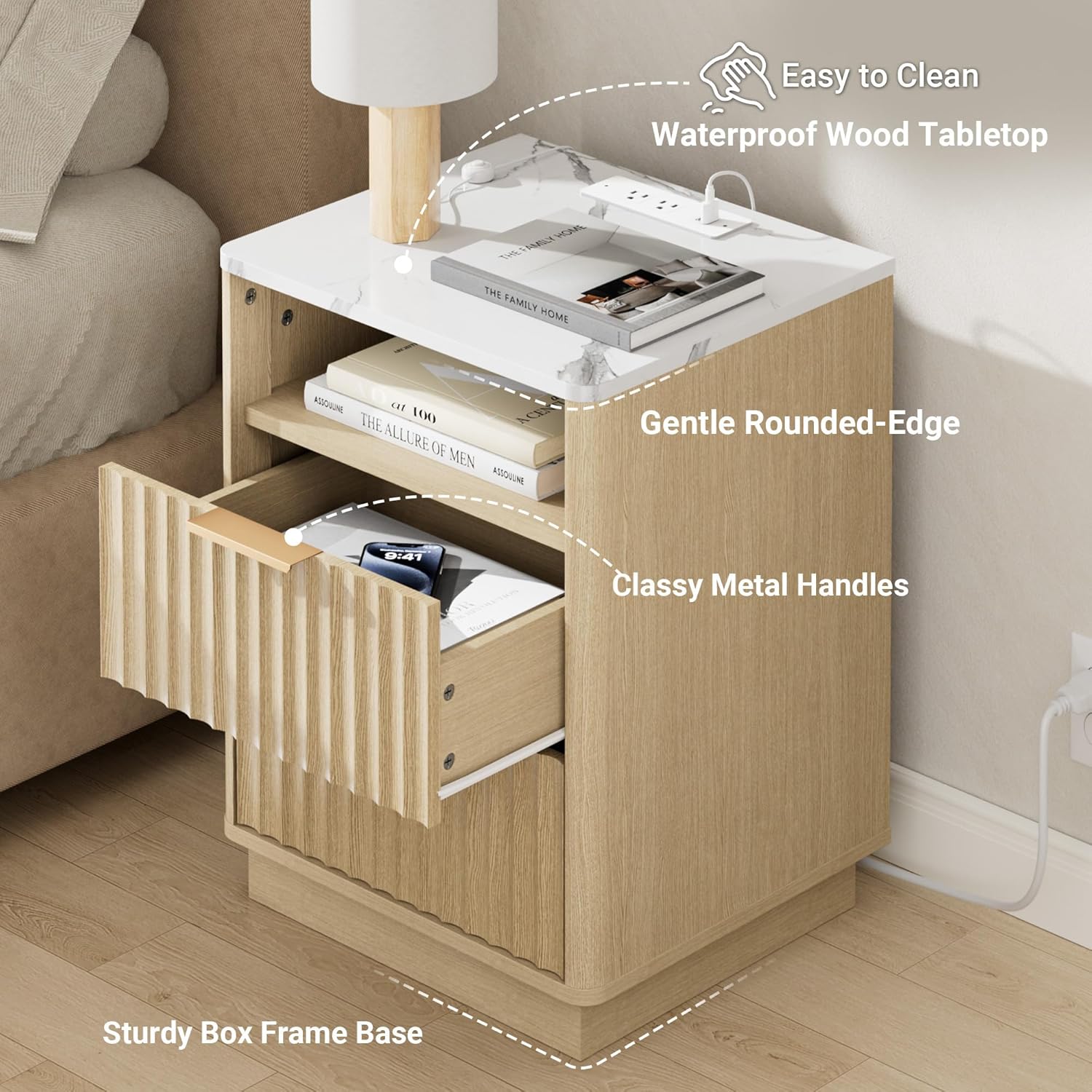 Fluted Nighstand, 2 Drawers Night Stand, 18" Nightstand with Charging Station and Faux Marble Top, Modern End Table w/Storage, Bedside Table for Bedroom, Curved Corners Design, Natural Oak