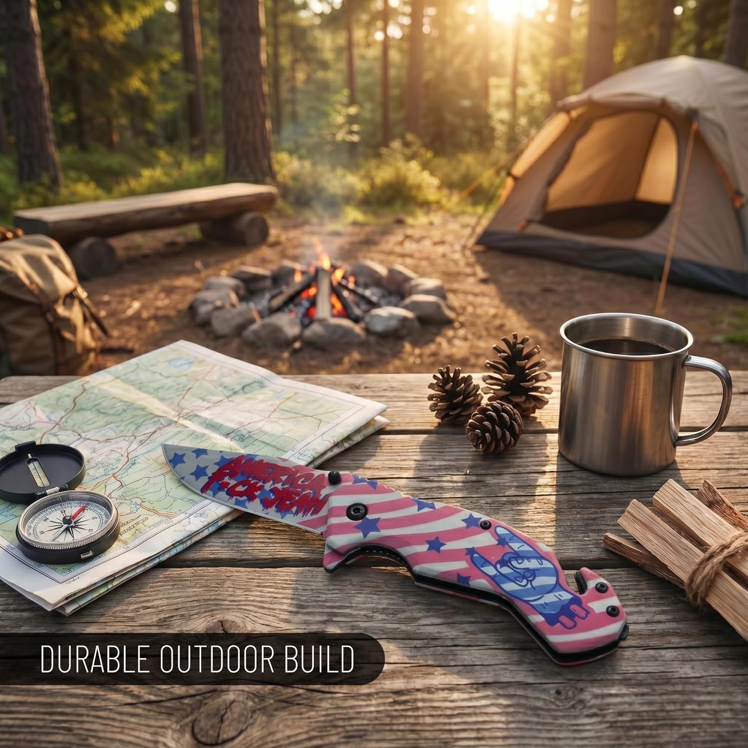 Hunting Knife - American Patriotic Camping Knife - America Folding Pocket Knife - 420 Stainless Steel With Cool Design & American Flag Knives Artwork For Collectors & Enthusiasts