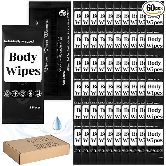 Threlaco 300 Pcs 60 Pack Body Wipes for Adults Bathing No Rinse Individually Wrapped Shower Wipes Washcloth with Aloe Cleansing Body Wash Cloths Disposable Bulk Deodorant Homeless(Black Background)
