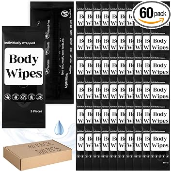 Threlaco 300 Pcs 60 Pack Body Wipes for Adults Bathing No Rinse Individually Wrapped Shower Wipes Washcloth with Aloe Cleansing Body Wash Cloths Disposable Bulk Deodorant Homeless(Black Background)