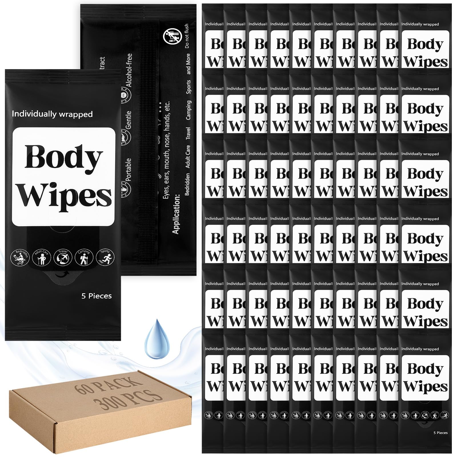 Threlaco 300 Pcs 60 Pack Body Wipes for Adults Bathing No Rinse Individually Wrapped Shower Wipes Washcloth with Aloe Cleansing Body Wash Cloths