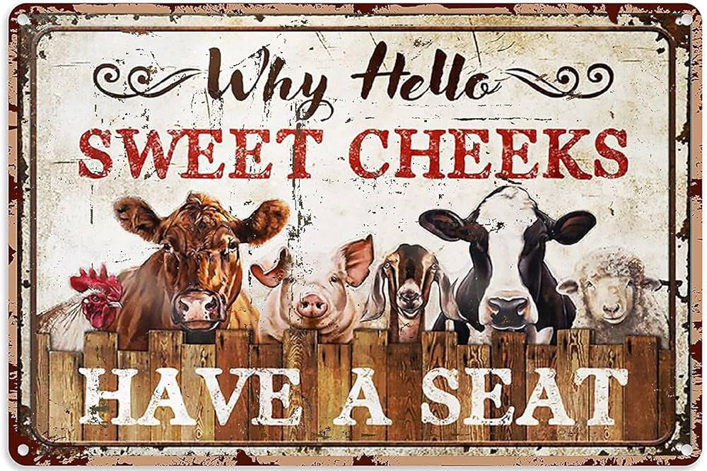 おんどりアート版画農業なぜこんにちは、甘い頬、席、鶏、牛、豚、ヤギ、乳牛、羊錫マーク装飾レトロでユニークな金属ポスター壁装飾芸術プレゼントパーティーガーデンアウトドア12×8インチ