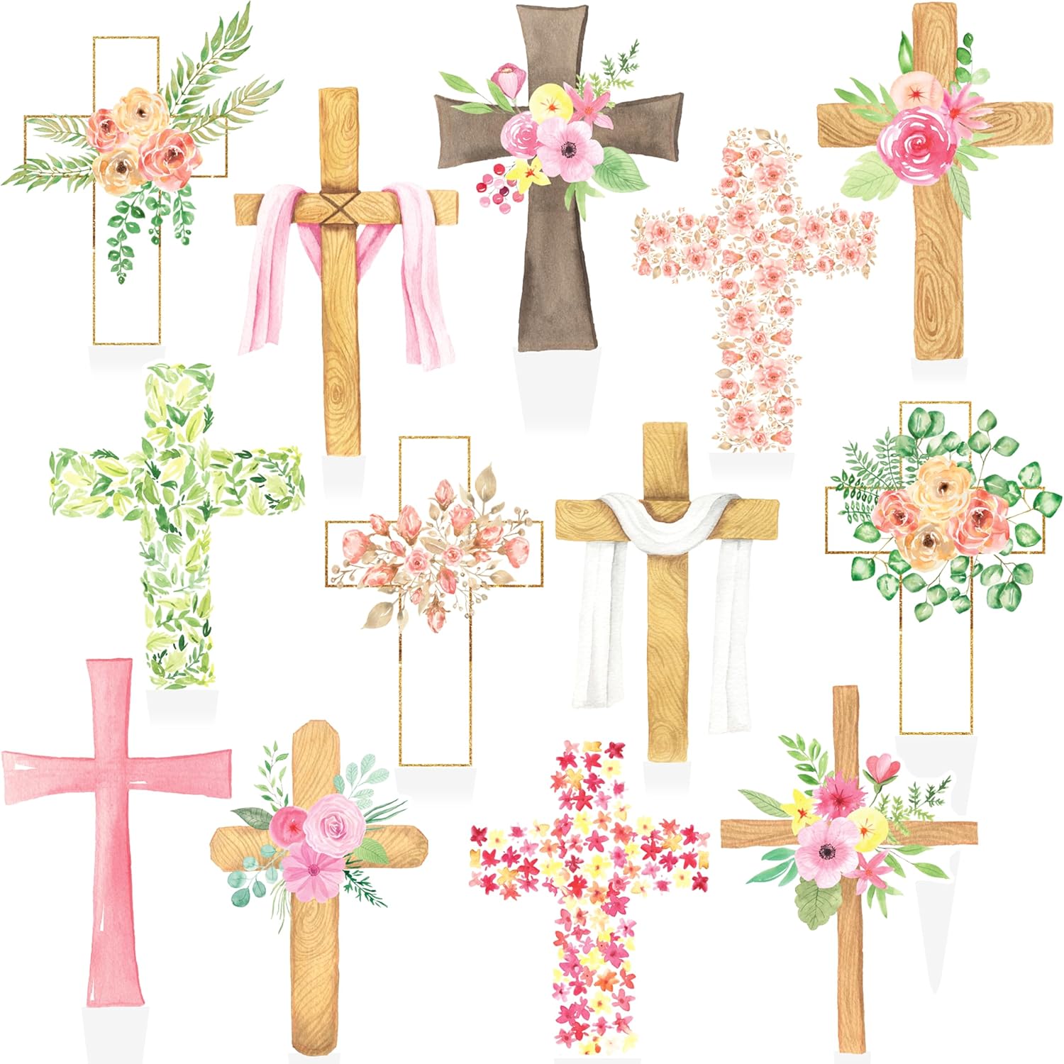 Floral Cross Cupcake Toppers 48Pcs God Bless Flower Party Decorations Colorful Baptism Cross Cake Toppers for Spring Newborn Easter First Communion Baby Shower Supplies