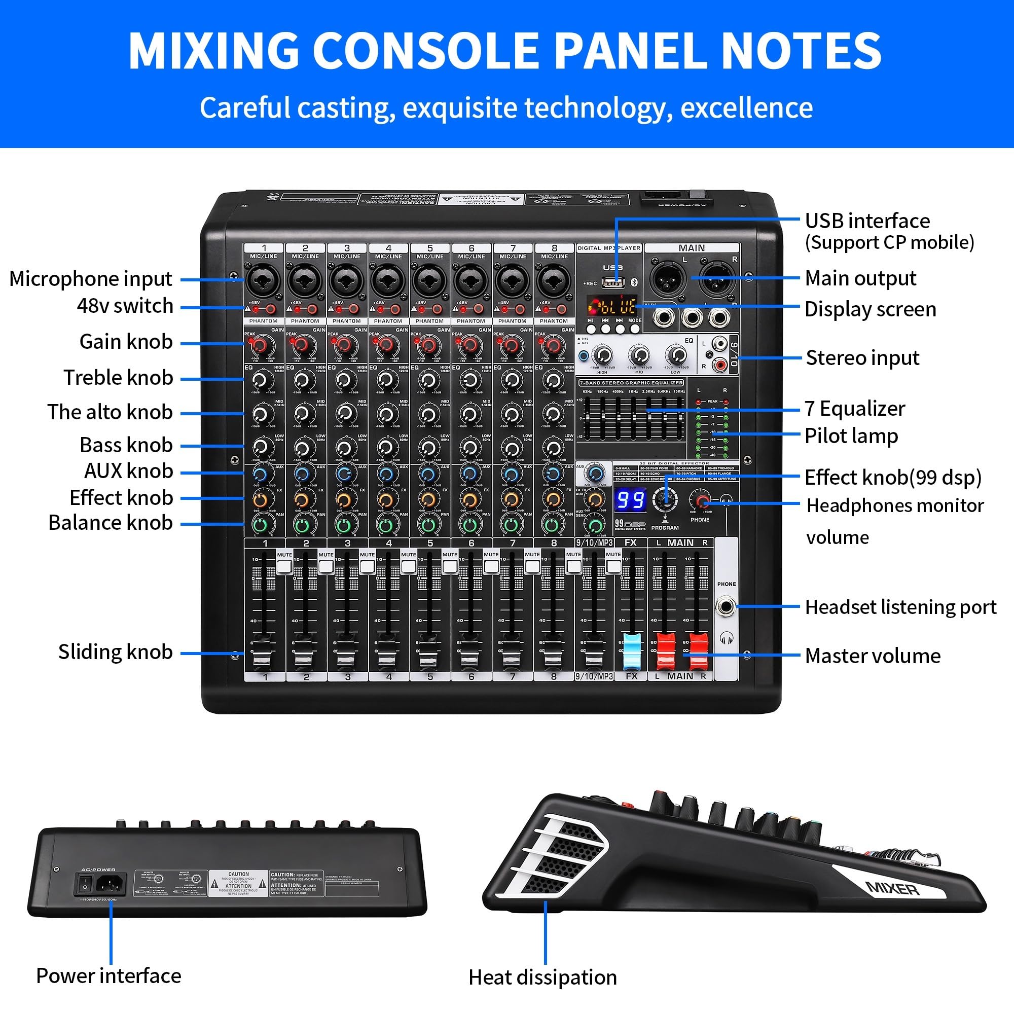 S-10 Dj Mixer Professionale 10 Canali con Lettore MP3 Mixer Digitale 99 DSP ed Effetti
