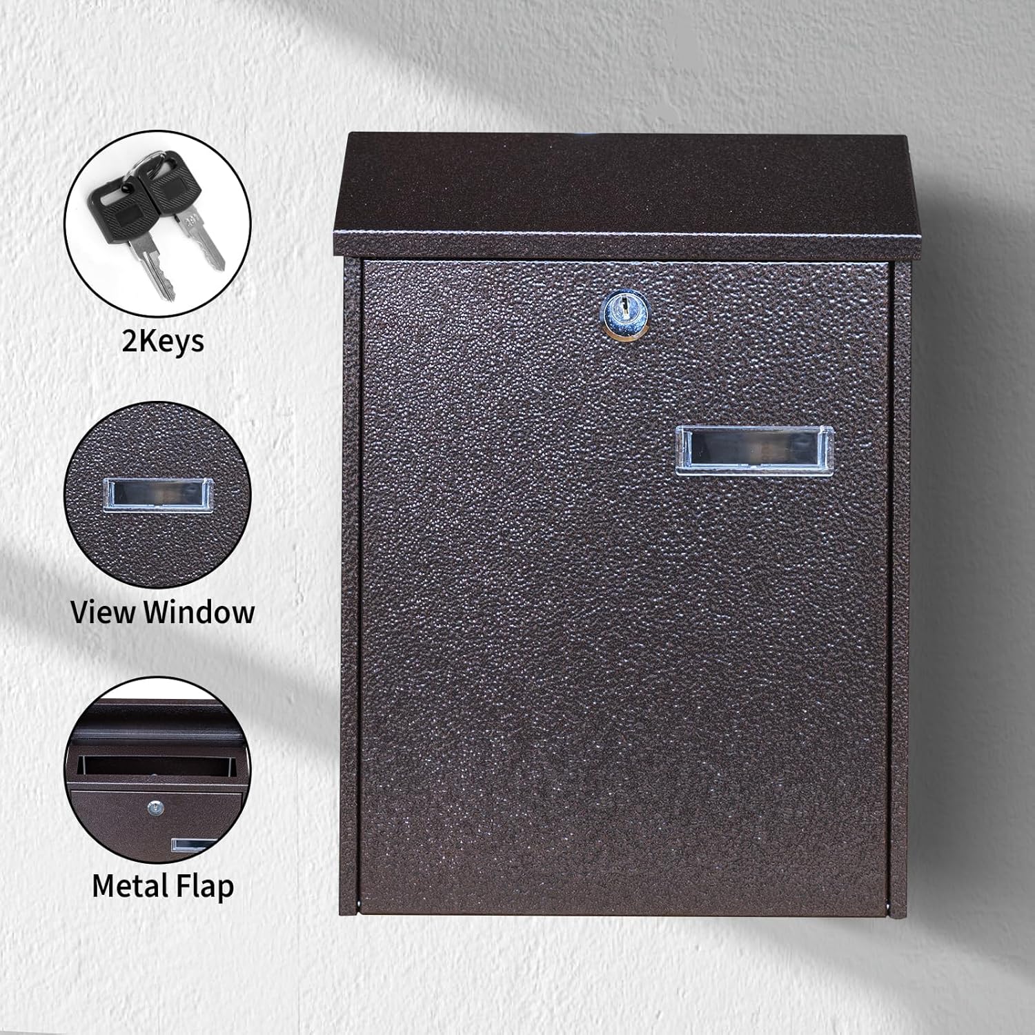 Wall-Mount Mailbox, Mailbox for Outside with View Window, Weatherproof Metal Drop Box, 12.4 x 9 x 3.35 in, Black Bronze