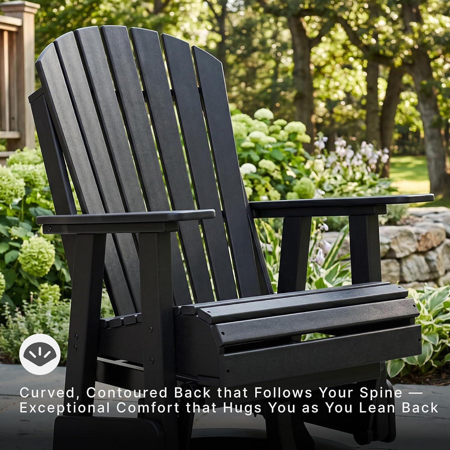Signature Design by Ashley Hyland Wave Modern Outdoor Swivel Glider Chair, Gentle Gliding Motion, Stainless Steel Hardware and HDPE, 30.88" W x 30.5" D x 41.63" H, Black | Black durable weather resistant HDPE, 360-degree swivel, Stainless steel hardware, 250-lb capacity, 15-minute assembly