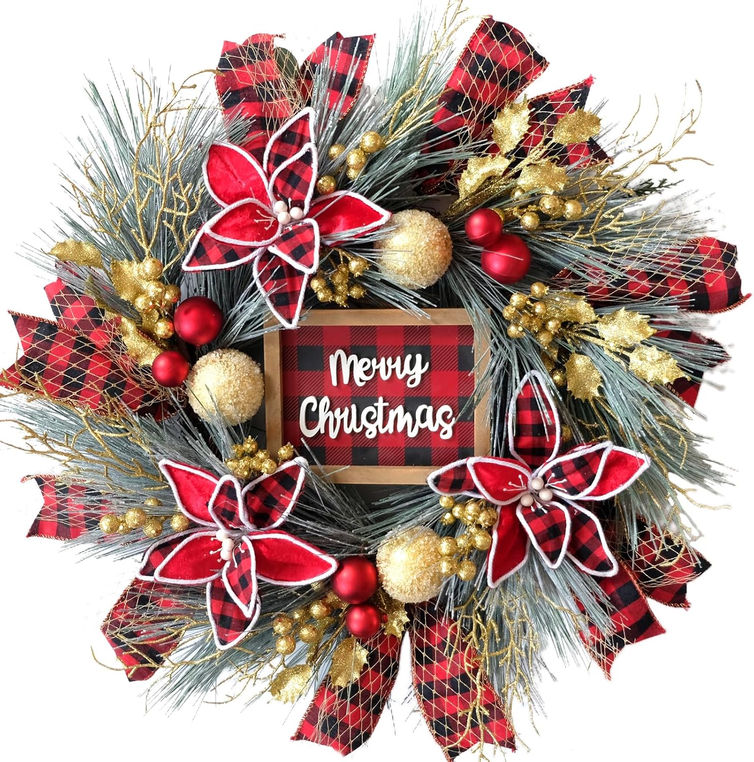 Amazon.com: 24 Inch Christmas Wreath for Front Door with Gold Berries ...