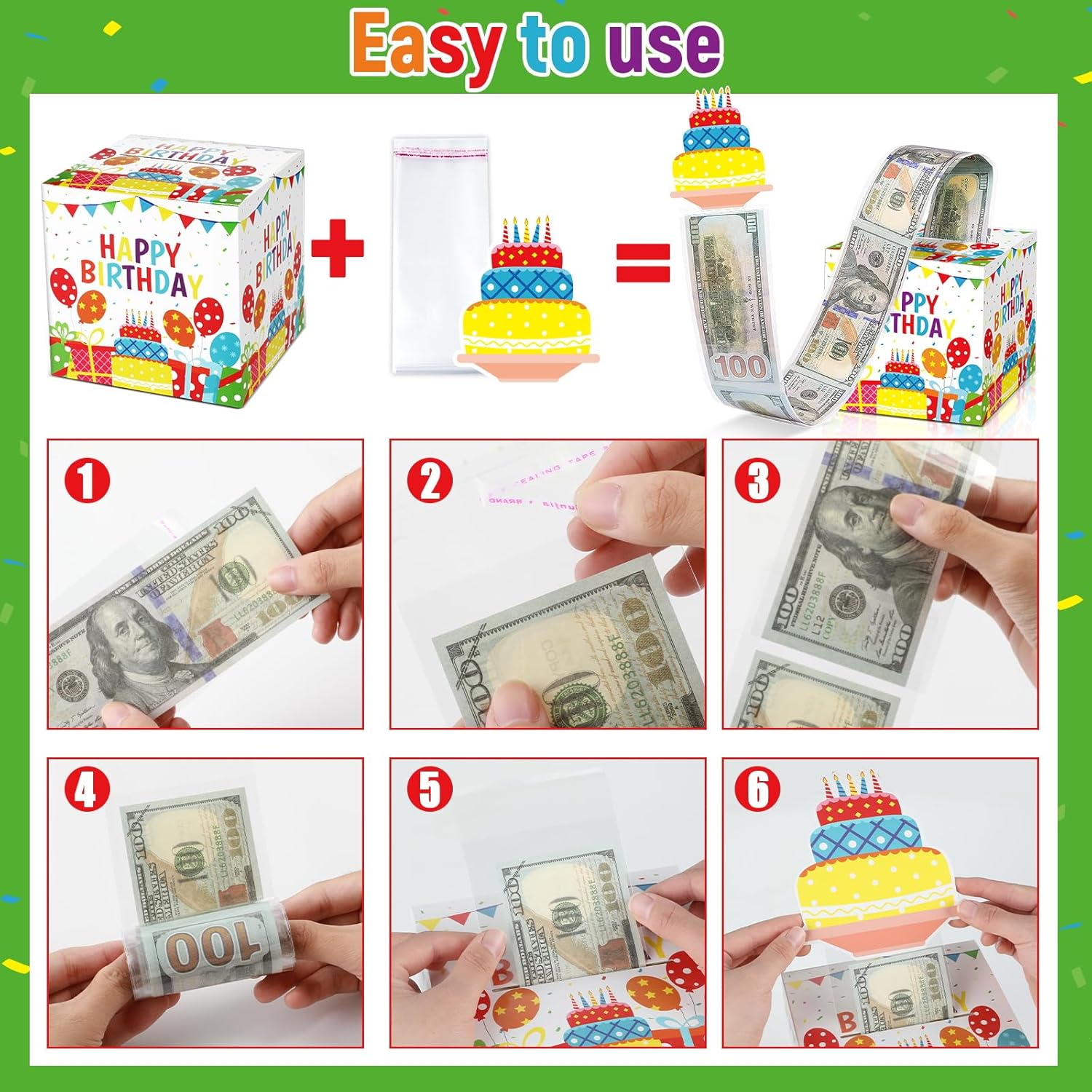 Chiazllta Happy Birthday Cash Box Gift with Card - Colorful Money Pull Box Kit for Party