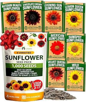 HOME GROWN Sunflower Seeds for Planting | 8 Varieties |1000+ Non-GMO Sun Flower Seeds Packets to Plant Grow Dwarf Sunflowers, Mexican Sunflowers, Wild, Lemon Queen,Autumn Beauty,Sunspot, Velvet Queen