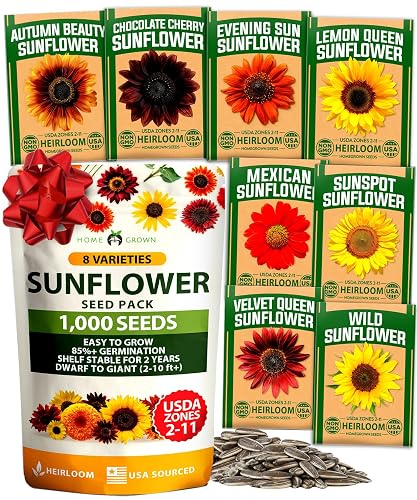 HOME GROWN Sunflower Mix Seeds, 8 Variety, 1,000+ Seeds | High Germination, Heirloom, Non-GMO | 1,000+ Seeds | 8 Varieties | Dwarf, Mexican, Wild | Lemon Queen, Sunspot & Velvet Queen