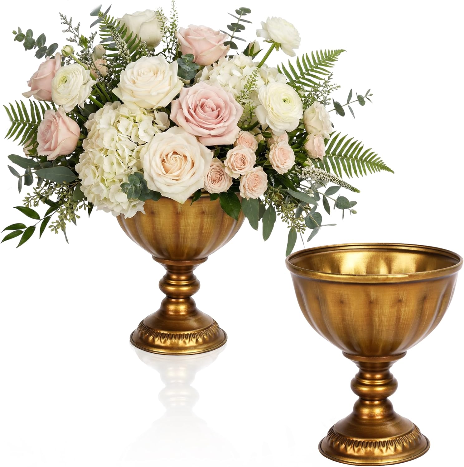 Distressed Gold Flower Vases for Centerpieces,Vintage Metal Pedestal Flower Bowl,Rustic Gold Vase for Wedding Table Decor, Floral Arrangements,Home Decoration,2-Pack