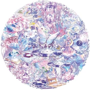 Scrapbook Stickers 50pcs Fantasy PET Transparent Nature Flower Stickers for Scrapbooking, Waterproof Scrap Book Accessories, Craft Supplies for Card Journal Laptops,Purple Fantasy