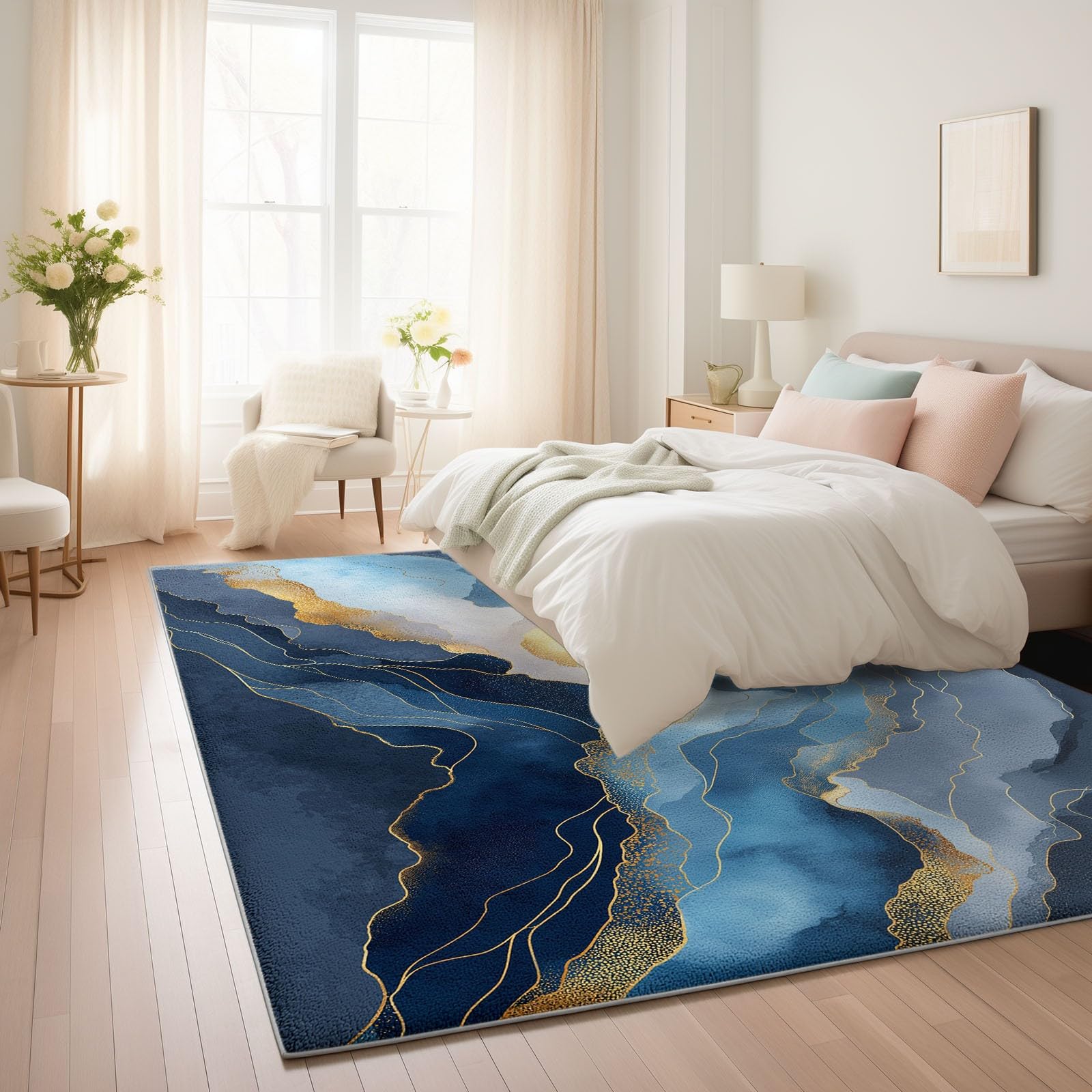 Générique Tapis de Salon Moderne 140 cm x 200 cm Bleu Foncé Texture De Marbre HD, Poils Courts Anti Tache Lavable - Tapis pour Chambre Enfant Adulte Cuisine Entrée - Confortable Doux