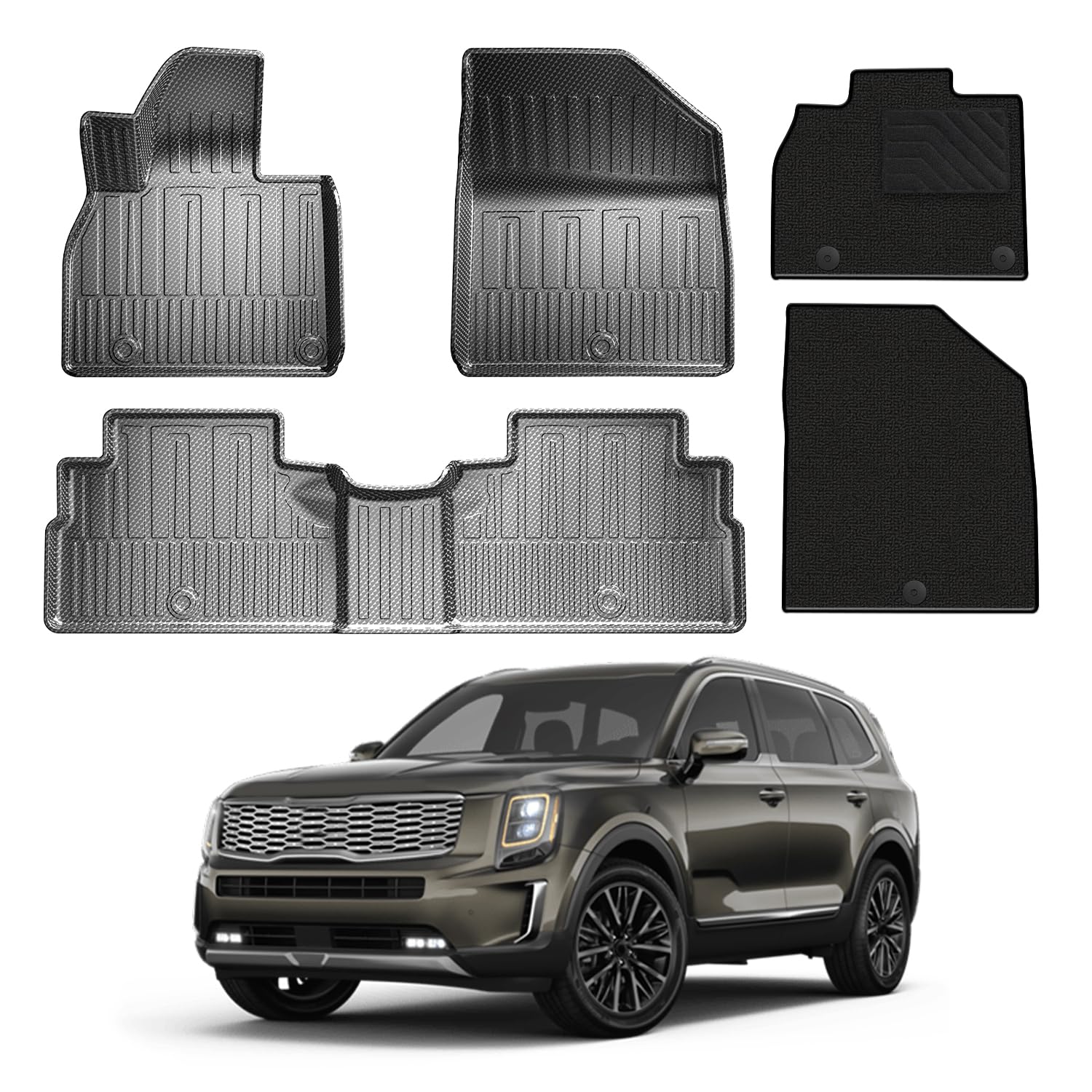 Floor Mats Fit for Kia Telluride 2020-2025 | Carbon Fiber Pattern Floor Liners with Glossy Finish & 2 Black Carpets | 5-PC All Weather Anti-Slip Mats