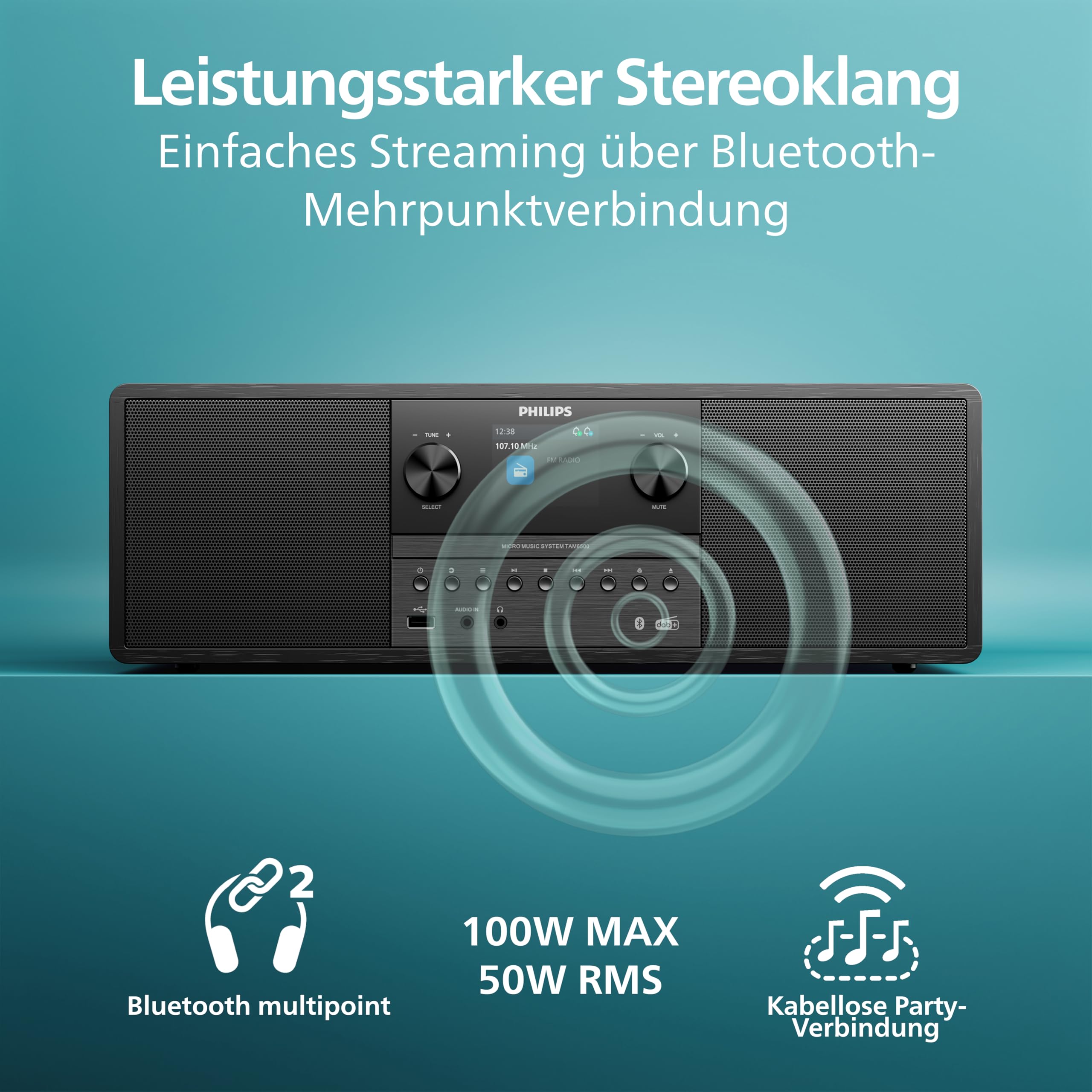 Philips TAM6500/10 100-Watt-Mikro-Musiksystem, Bluetooth 6.0, Auracast, DAB+/UKW-Radio, CD/USB/Audio-Eingang, Bassreflex-Lautsprecher, Farbdisplay, Fernbedienung, Recyceltes Plastik – Schwarz