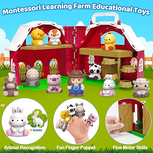 Miniatura 3 de Aigybobo Big Red Barn Farm Animal Playset para niños pequeños de 1 a 3 años, juguete de granero con 9 animales y 1 granjero, juguetes de aprendizaje