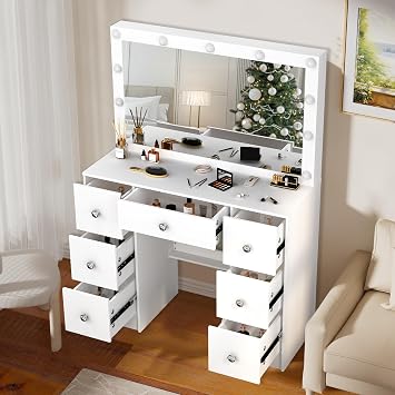Vanity Desk with Mirror and LED Lights, Makeup Table with 7 Drawers, Large Mirror with 3 Color Modes, Adjustment Brightness for Women Girls, White