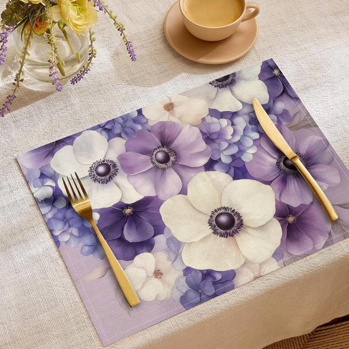 Floral Manteles Individuales De Tela De Algodón - Plantas con Flores De Acuarela Moradas Y Blancas - Paquete De 6 Manteles De Tela Lavables para La Mesa del Comedor Y La Cocina 30 X 45 Cm