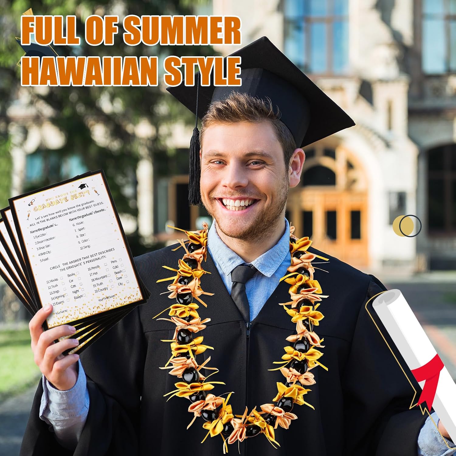 Riceshoot Graduation Money Leis 2026 Hawaiian Orchid with Kukui Leaf Nut Lei Acrylic Bead Handmade Ribbon Bow Necklaces for School College