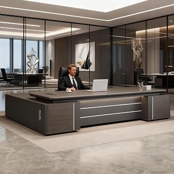 L Shaped Executive Desk with Drawers & Storage, Modern Executive Office Desk with Aluminum Alloy Inlaid Curved Surface, Management Working Table for Home & Office Furniture A - Right, L 200cm/78.7in
