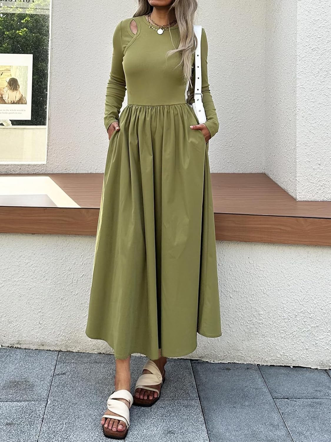 Women’s Maxi Dress with Pockets, Long Sleeve A-Line Flowy Full Length Dress Cutout Shoulder, Elegant Casual Outfit - Image 5