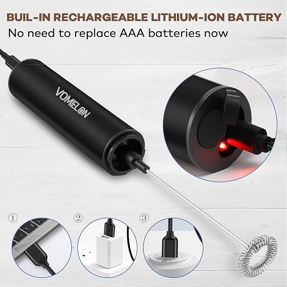 Rechargeable Milk Frother Handheld Electric Frother Wand Milk Foamer Drink Mixer for Coffee, Lattes, Cappuccino, and Egg, Stainless Steel for Travel-Black