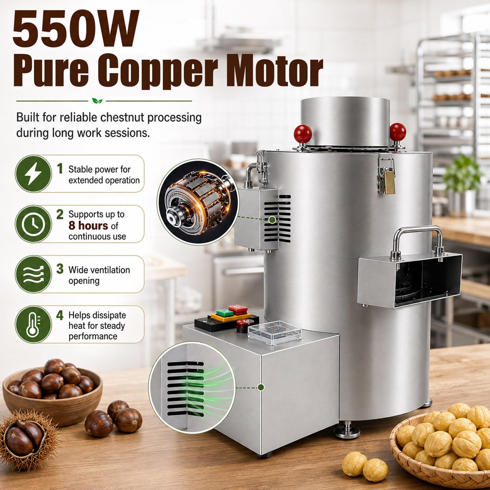 Pelatore Elettrico per Castagne, 550 W, Fino a 40 Kg/H, Con Timer 10Knife