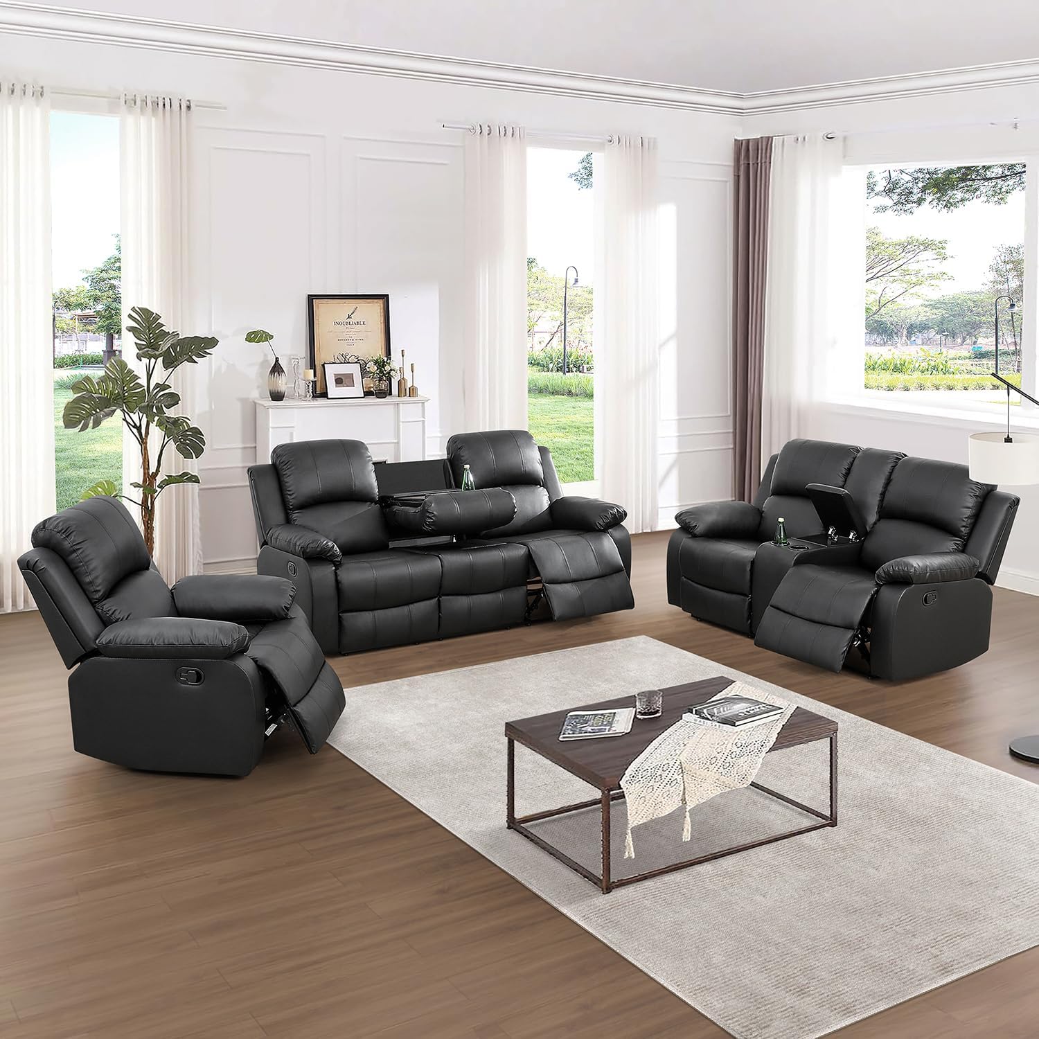Manual Recliner Sofa Set 3 Pieces，Bonded Leather Reclining Couch Set with Drop Down Table&Storage Console&Cup Holders，Leather Couch Set for Living Room(3+2+1)
