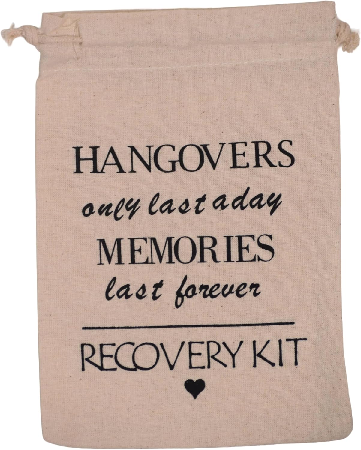7-Pack Hangover Recovery Kit Drawstring Pouches – 8 x 5.2" Reusable Unbleached Muslin Cotton Bags, Natural Beige Cotton Drawstring Pouches with Screen-Printed Design, Bachelorette Party Favors, Wedding Kits & Holiday Gifts