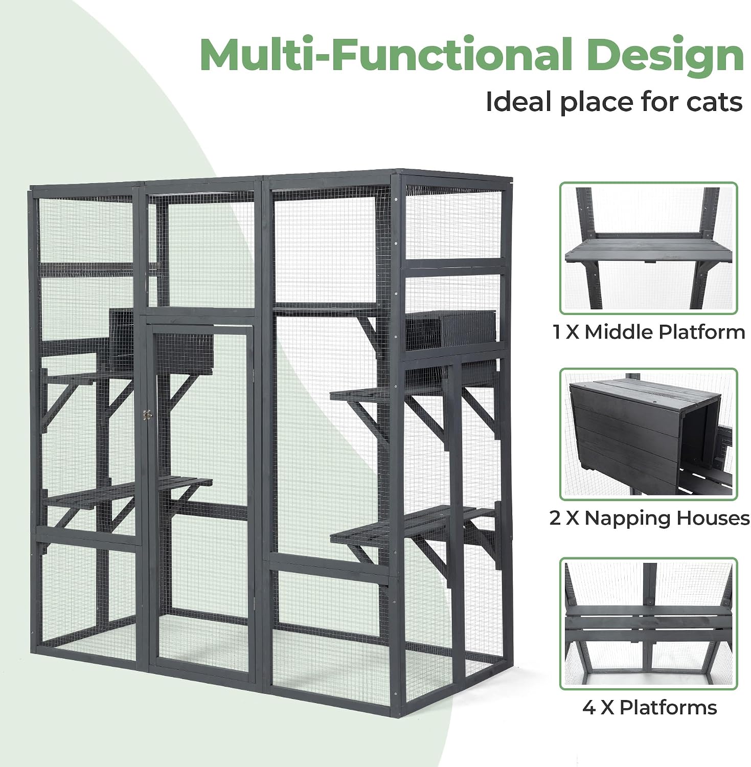 review Large Stylish Wooden Catio Outdoor Cat Enclosure Cat Cage & Run Enclosures Indoor Kitty Window Catio with Waterproof Roof, 7 Platforms & 2 Resting Box, UV Resistant, 62.4