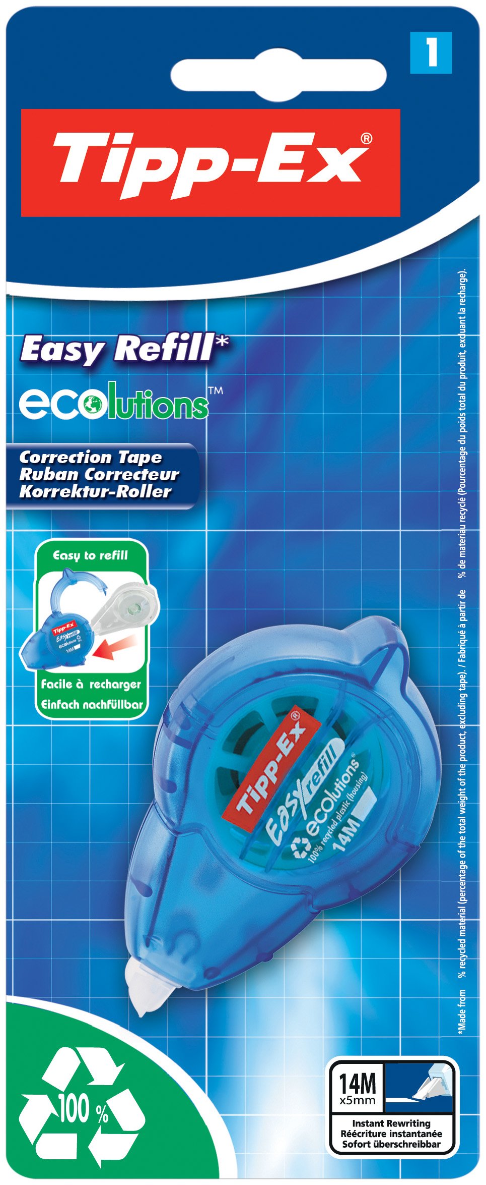 Easy Refill ECOlutions Correction Tape Roller, Refillable, 14 m x 5 mm, Pack of 1, Ideal for The Office, Home Office or School
