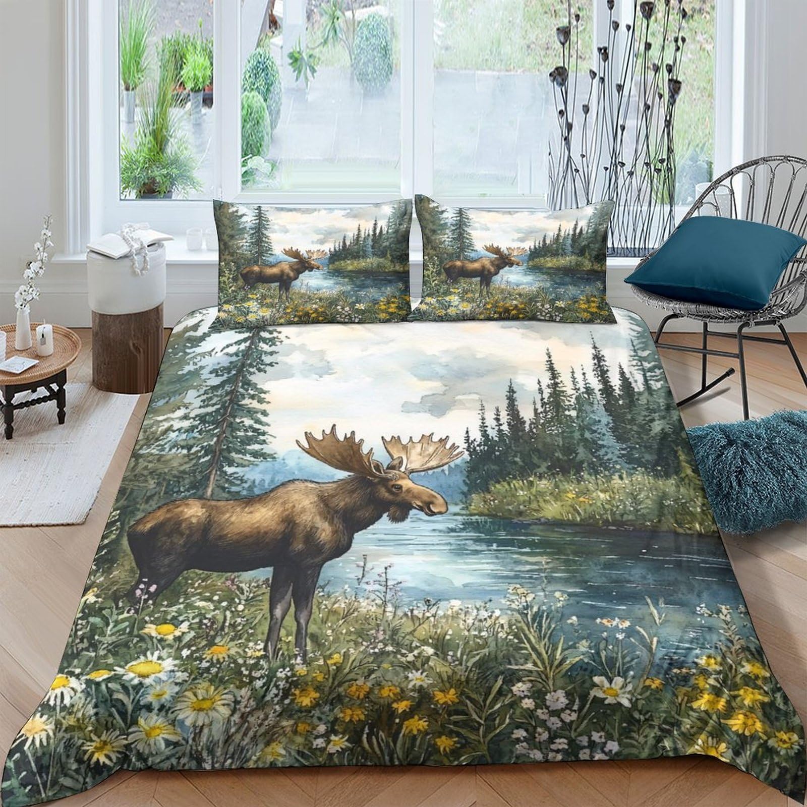Ctjqhvkz Style-7 3D Printed Forest Moose Fitted Sheet Microfiber Soft Scenic River Bed Cover Anti-Slip Machine Washable Decor Single（135X200cm）