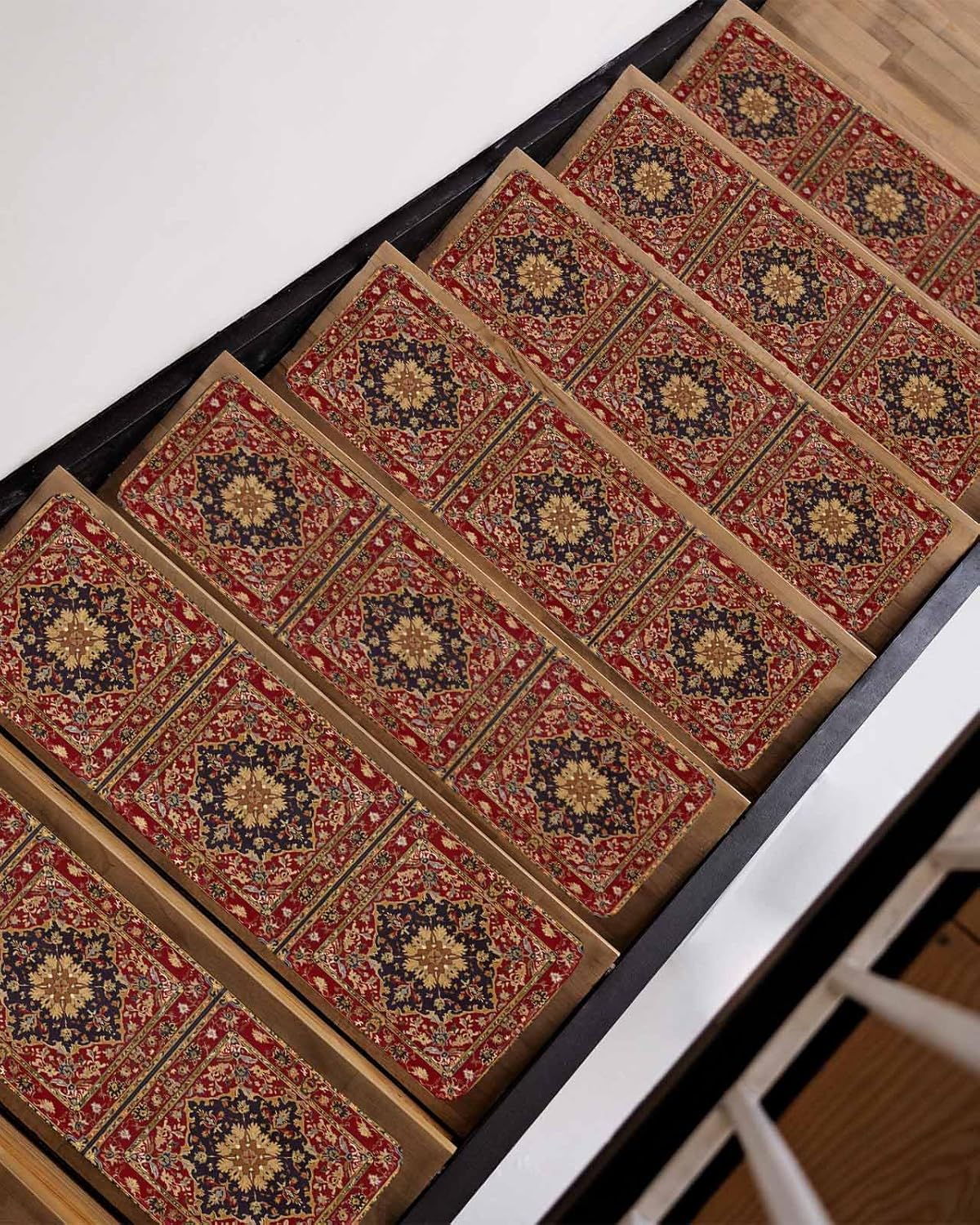 Red Medallion Floral Stair Treads for Wooden Steps Indoor, Non-Slip Stair Treads Carpet Peel & Stick Self-Adhesive Staircase Step Treads, Retro Traditional Oriental Boho Tribal Runner Mat 4 Pack 8x30