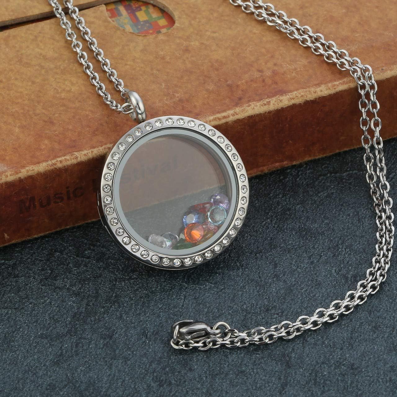 Jovivi 25/30mm Living Floating Memory Locket Necklace - 316 Surgical Stainless Steel Round Crystals Buckle Closure