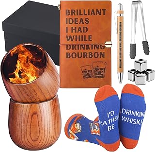 12 Pcs Bourbon Whiskey Gifts for Men Include Charred Wooden Bourbon Drinking Glass with Cooling Rock, Leather Journal Notebook and Pen, Socks with Gift Box for Christmas Whiskey Drinker Lover