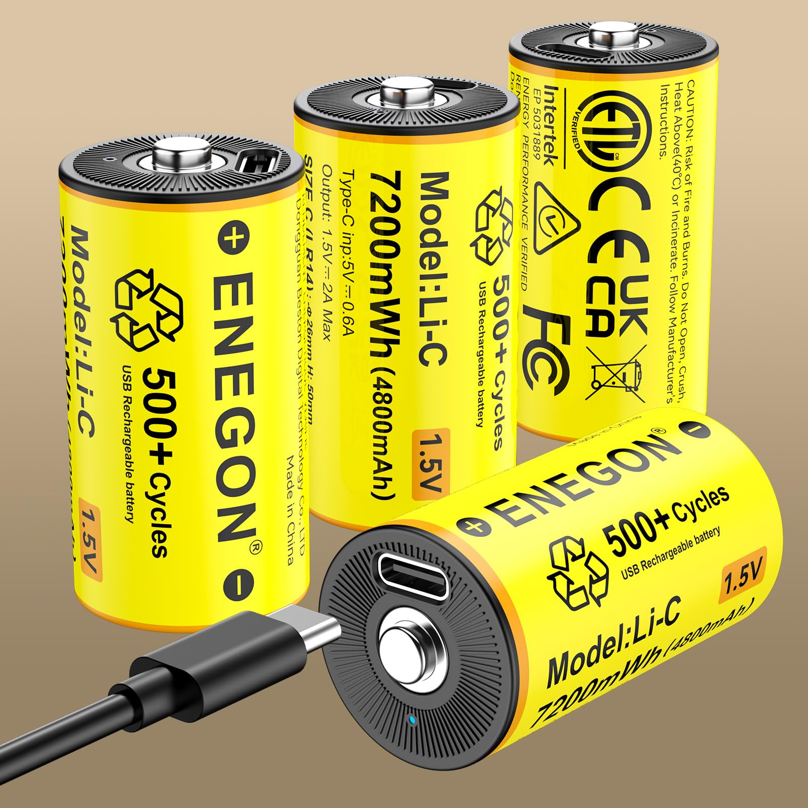 ENEGON 4本セット充電式 単二電池リチウム、1.5V 7200mWh、1-4ポートUSB-C急速充電ケーブル付属,懐中電灯、CDプレーヤー、キャンプ/非常用ライト、ラジオ、子供用おもちゃなどに最適
