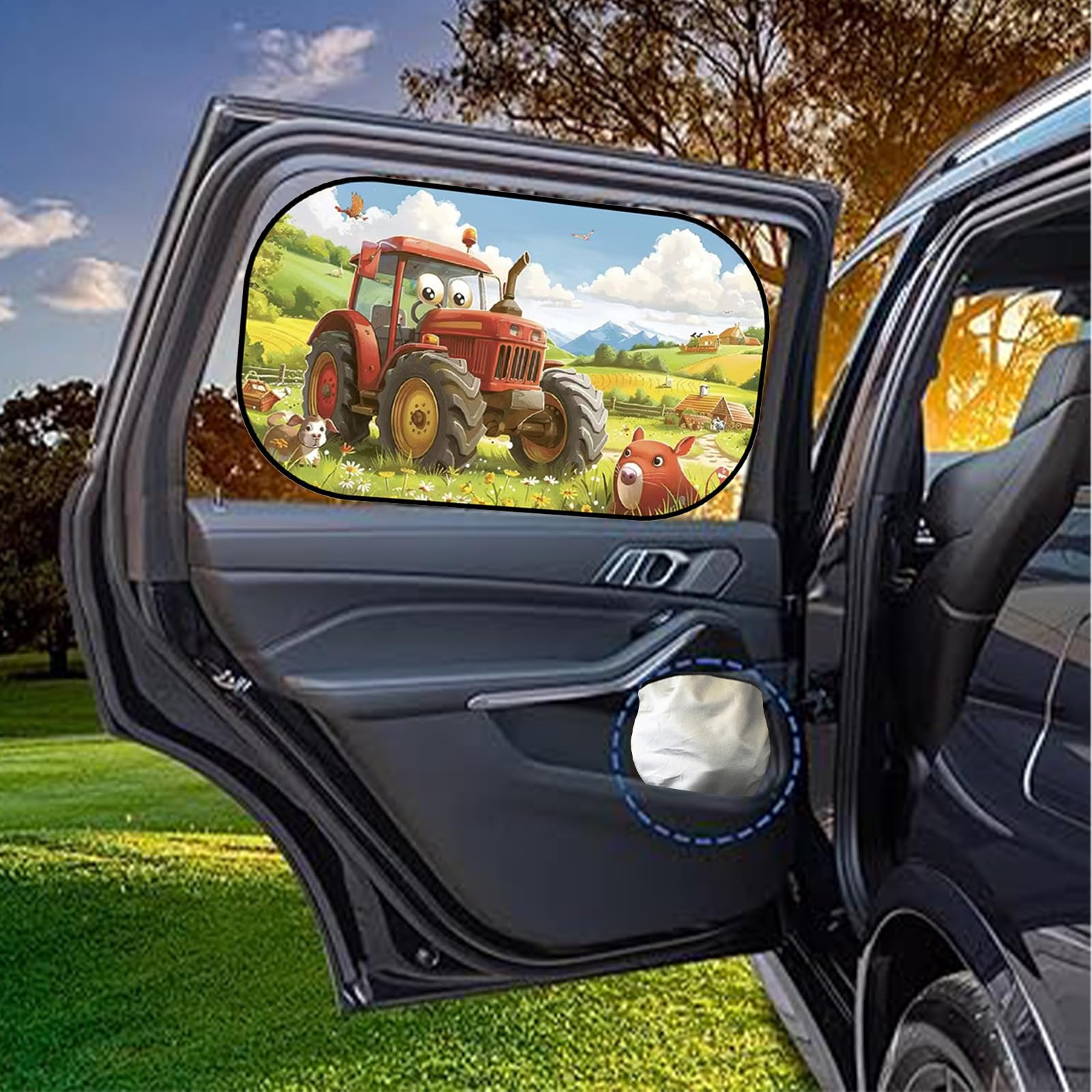 Tendine Parasole Auto Bambini Protezione UV, Cartone Animato Trattore, 51x31cm, Accessori Auto