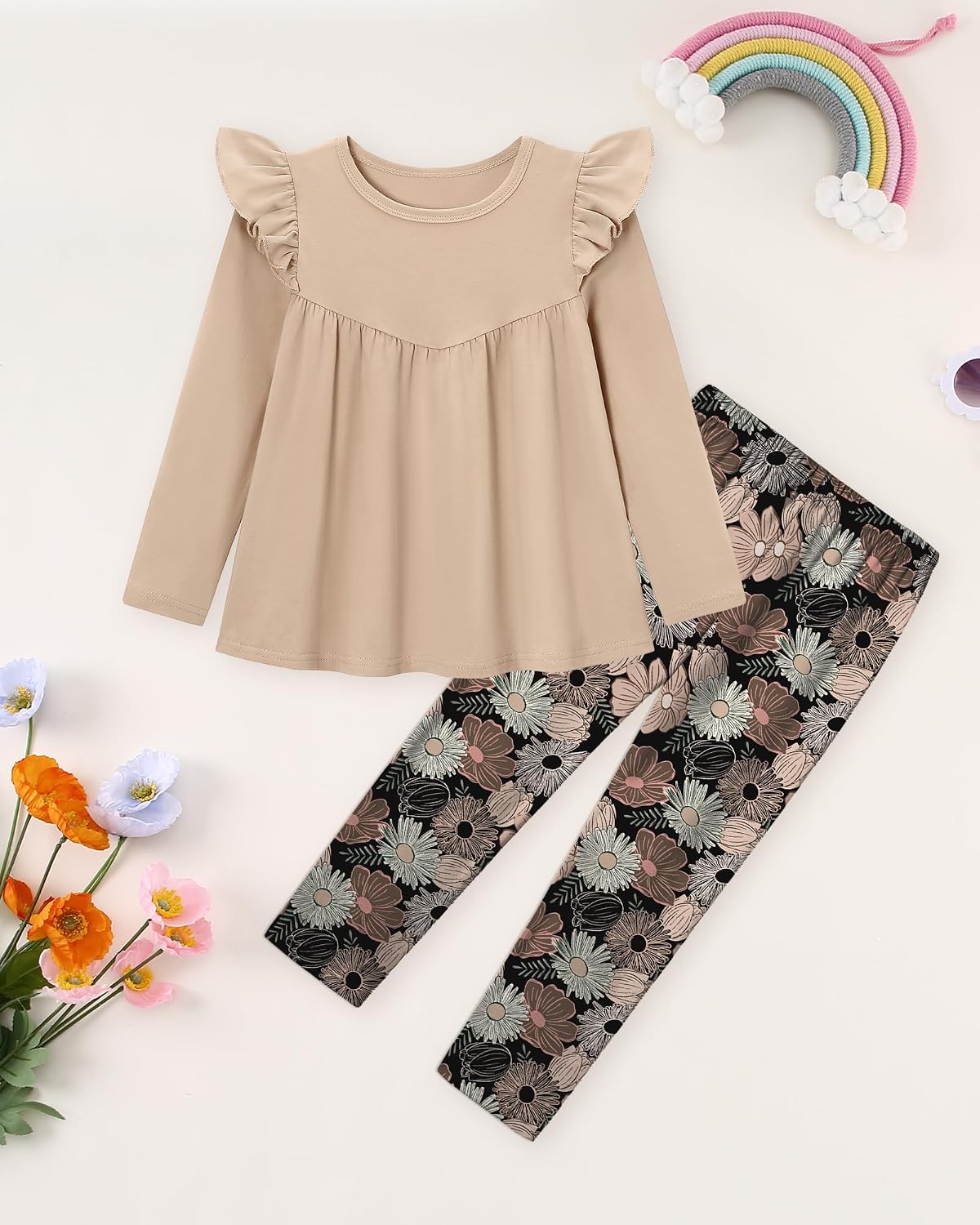 WESIDOM Toddler Girl Clothes Fall Outfits Ruffle Top Floral Pants Set 2-8Y