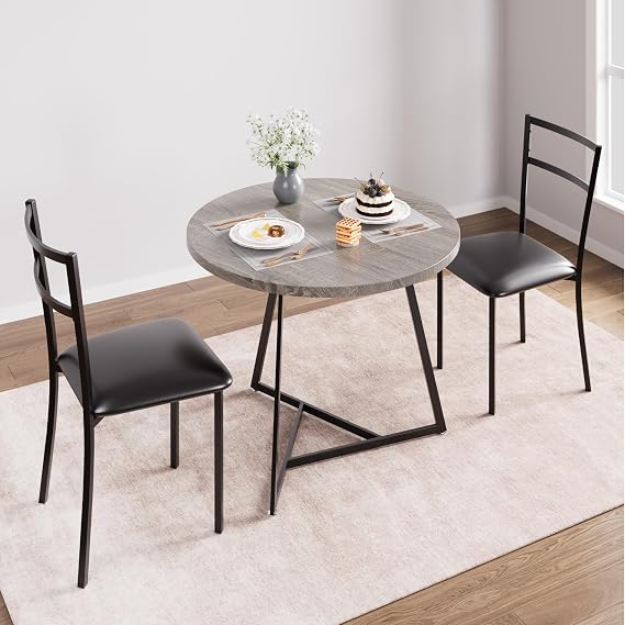 3 Piece Modern Round Dining Table Set, Kitchen Table and Chairs for 2, Space Saving Design, PU Upholstered Chairs, Compact Kitchen & Dining Room Furniture, Ideal for Small Apartment(Grey)