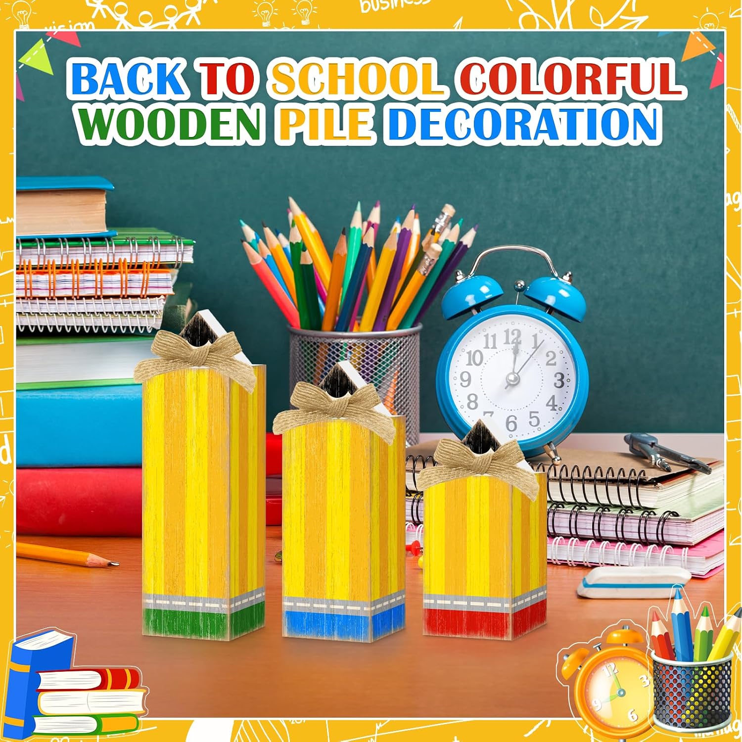 TOMOP 3 Pcs Back to School Decor Wooden Pencil Tiered Tray Signs, Farmhouse Rustic Pencil Table Decor First Day of School Tabletop Centerpieces for School Classroom Teacher Desk Shelf Display image 2