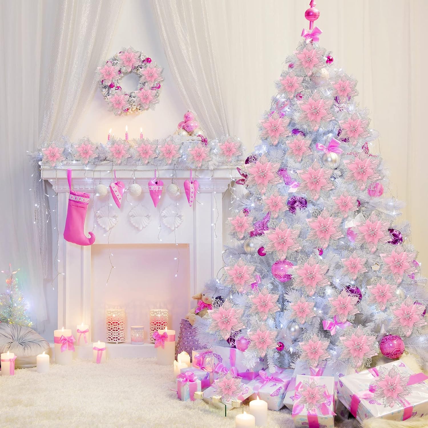 Geosar 24 Pieces Happy New Year Glitter Poinsettia Flowers Layered Artificial Flowers Wedding New Year Tree Ornaments 3/4/6 Inch(Pink) - Image 5