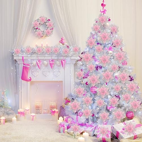 Miniatura 4 de Geosar 24 flores de Pascua con purpurina para Año Nuevo, flores artificiales en capas, adornos para árbol de boda y Año Nuevo, 346 pulgadas (rosa)