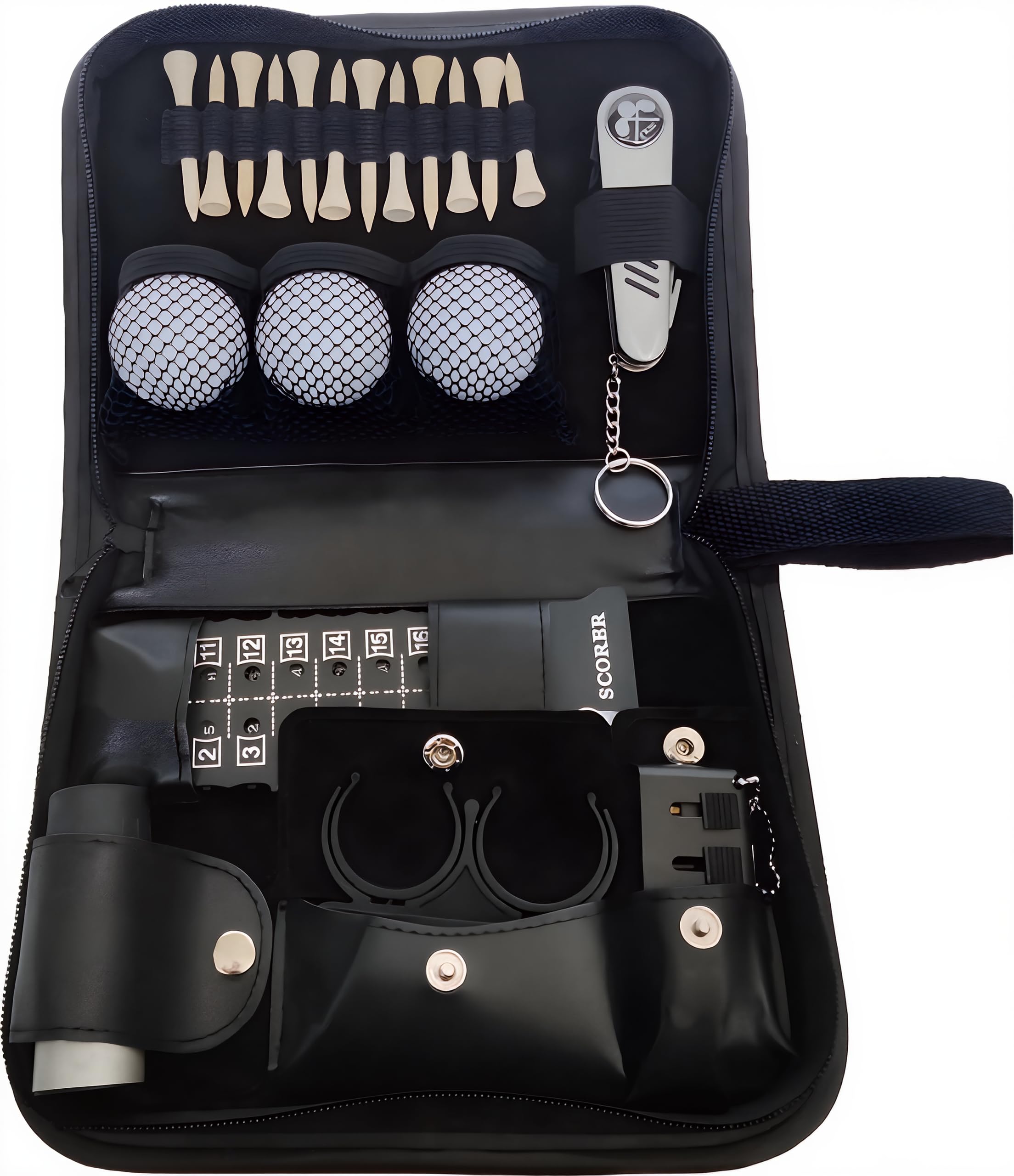 Stripe czarny zestaw akcesoriów golfowych, 3 piłki, 12 tee | Czarne etui z wizjerem 7x18, licznikiem, uchwytem na piłki, czyścikiem i multinarzędziem z nożem składanym