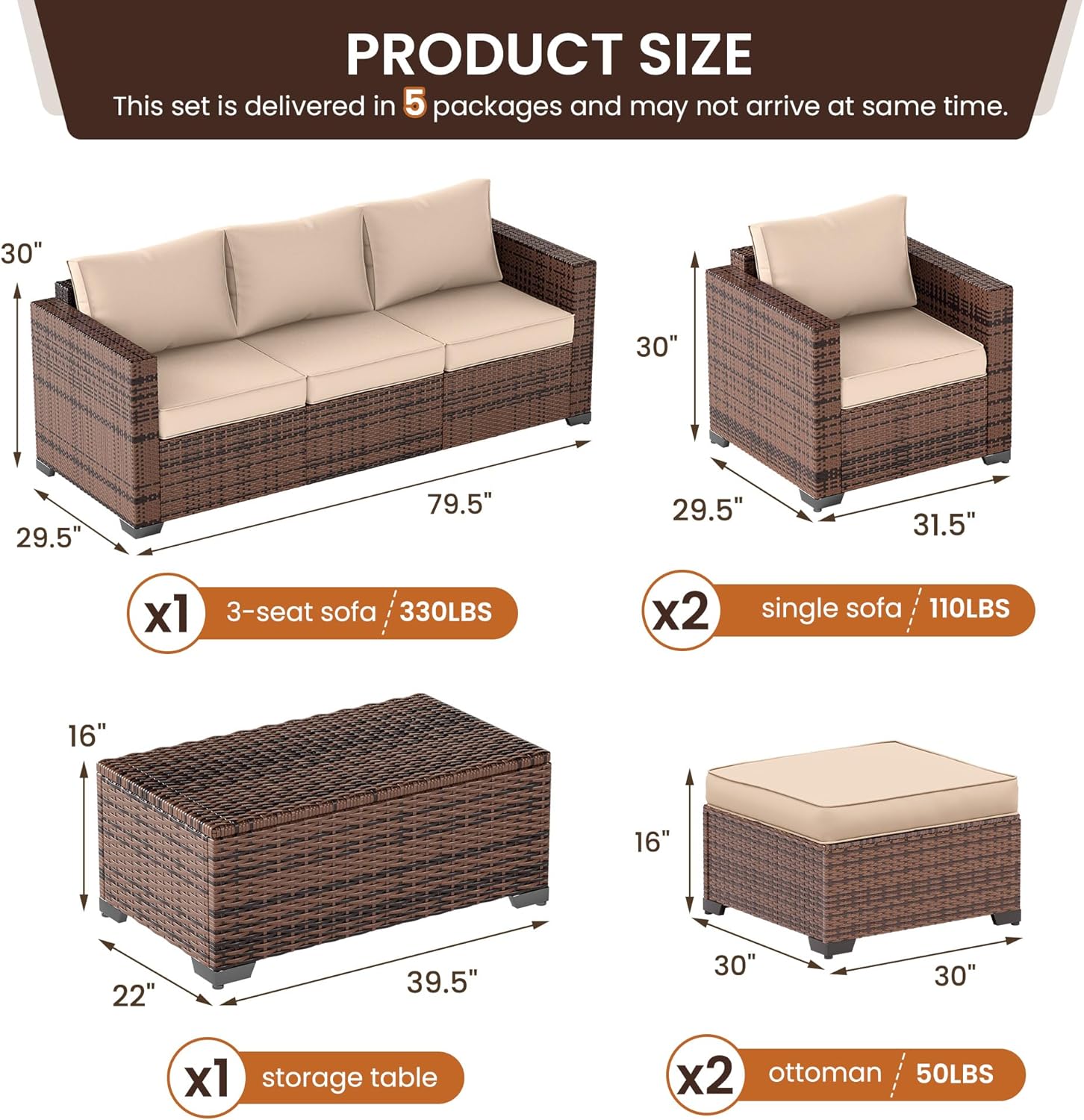 UDPATIO Patio Furniture Set, 6 Piece Outdoor Furniture with Waterproof Cover, Outdoor Chair Patio Conversation Sets with Storage Table, for Backyard Porch