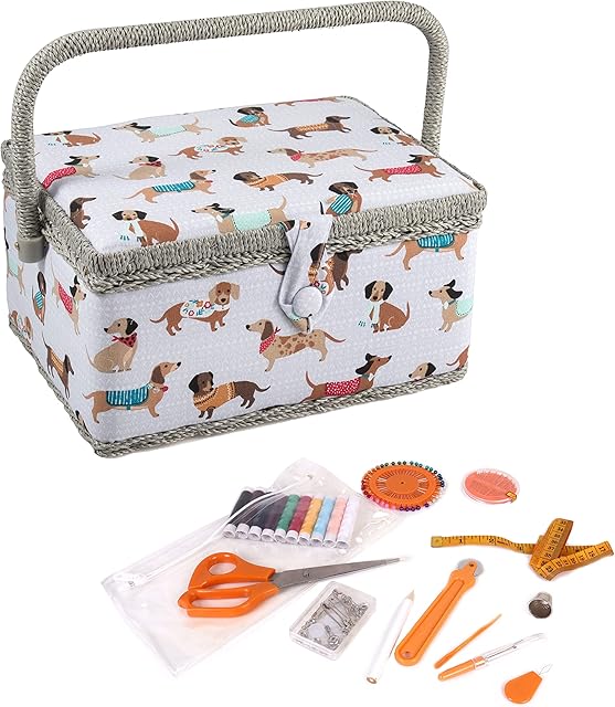 Hobby Gift Exclusive Pre-Filled Craft Hobby Storage Box with 94 Piece Sewing Kit Included, Sausage Dog, Medium