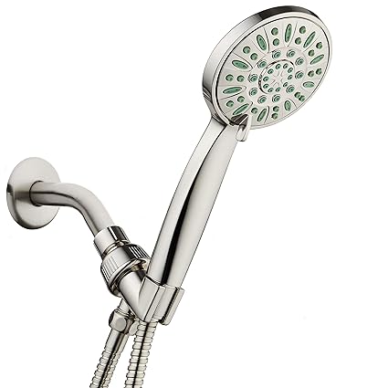 AquaDance Antimicrobial/Anti-Clog High-Pressure 6-setting Hand Shower, Nozzle Protection from Growth of Mold, Mildew & Bacteria for Stronger Shower! Brushed Nickel Finish/Coral Green Jets