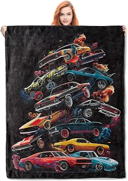 Muscle Cars Throw Blanket, Black Vintage Sports Car Print Fleece Blanket, Lightweight Warm Blanket for Boys Kids Teens Adults, Perfect for Couch Bed Sofa, Gifts for Car Enthusiasts, 50x60 in