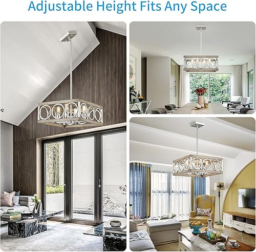 Miniatura 7 de XINGQI Lámpara moderna cuadrada de 4 luces, lámpara colgante de granja para comedor, sala de estar, dormitorio, isla de cocina, grano de madera