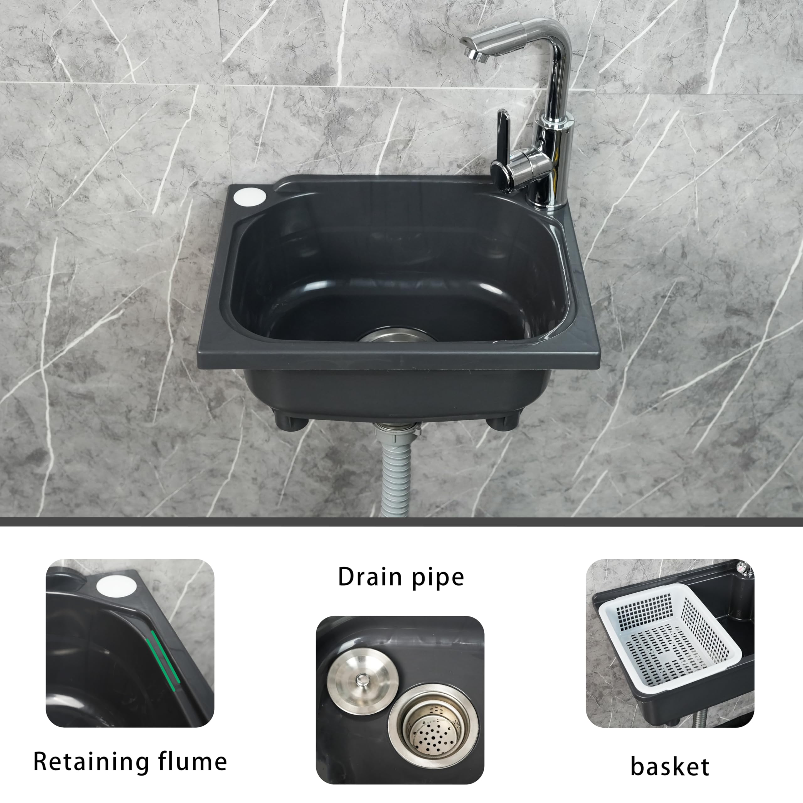 Évier de cuisine utilitaire à cuve unique de 38,1 x 28,9 cm avec trou de robinet de 3,2 cm, éviers en plastique pour la maison, le restaurant, le dortoir, le garage, la salle de bain, la buanderie
